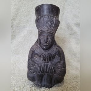 Aztec/Mayan Hand Carved Native Image Clay Vase - 7 in  Black.